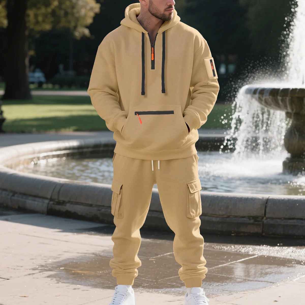 Men's Fleece Hooded Half-Zip Sweatshirt And Loose Sport Pants