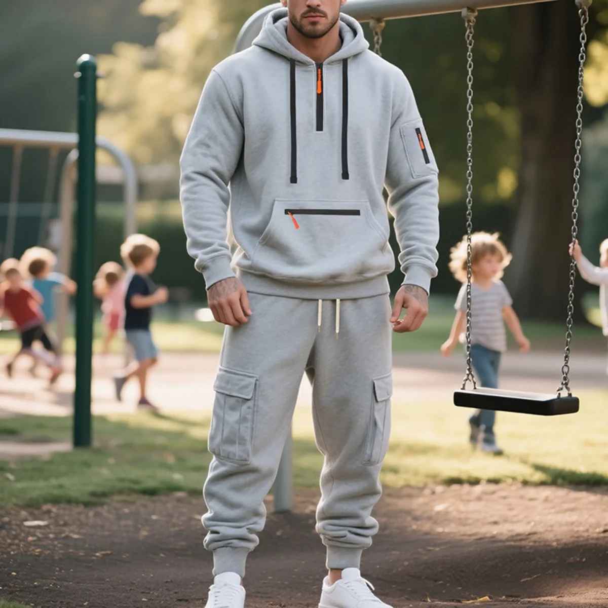 Men's Fleece Hooded Half-Zip Sweatshirt And Loose Sport Pants