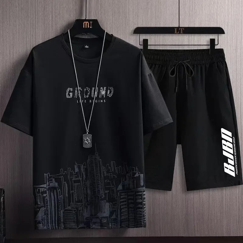 Men's Ice Silk Short Sleeve T-Shirt Suit Summer New Digital Printing Fashionable Korean Style