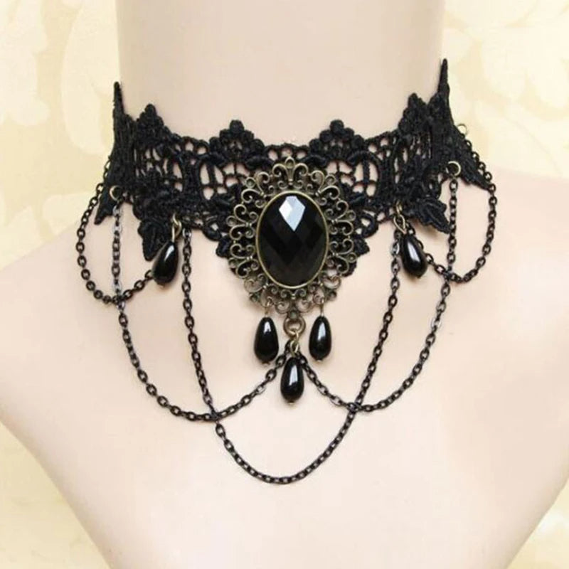 New Sexy Gothic Chokers Crystal Black Lace Neck Choker Necklace