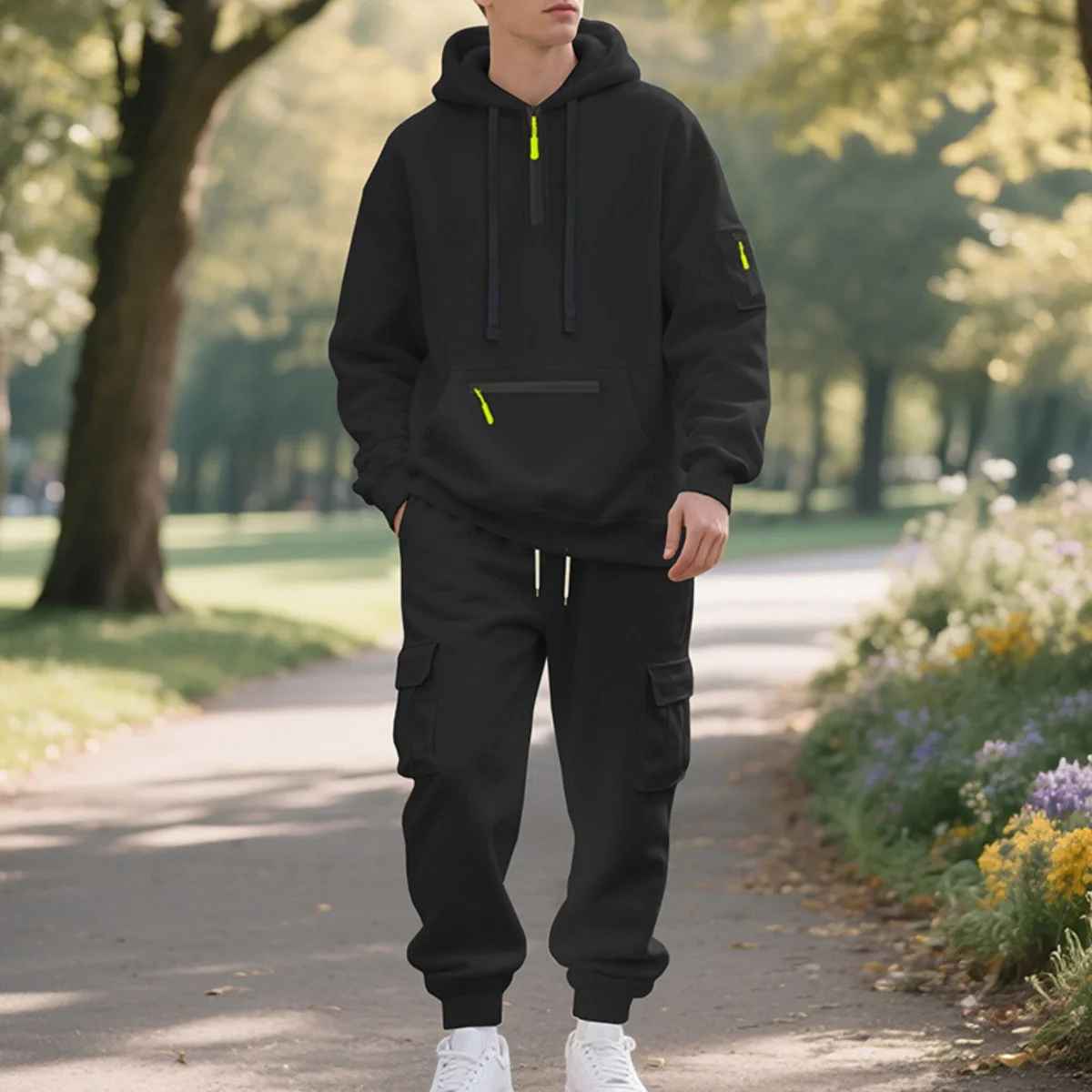 Men's Fleece Hooded Half-Zip Sweatshirt And Loose Sport Pants