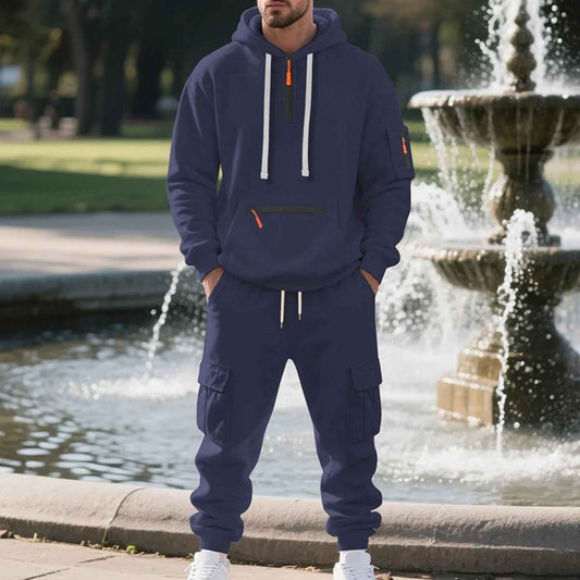 Men's Fleece Hooded Half-Zip Sweatshirt And Loose Sport Pants