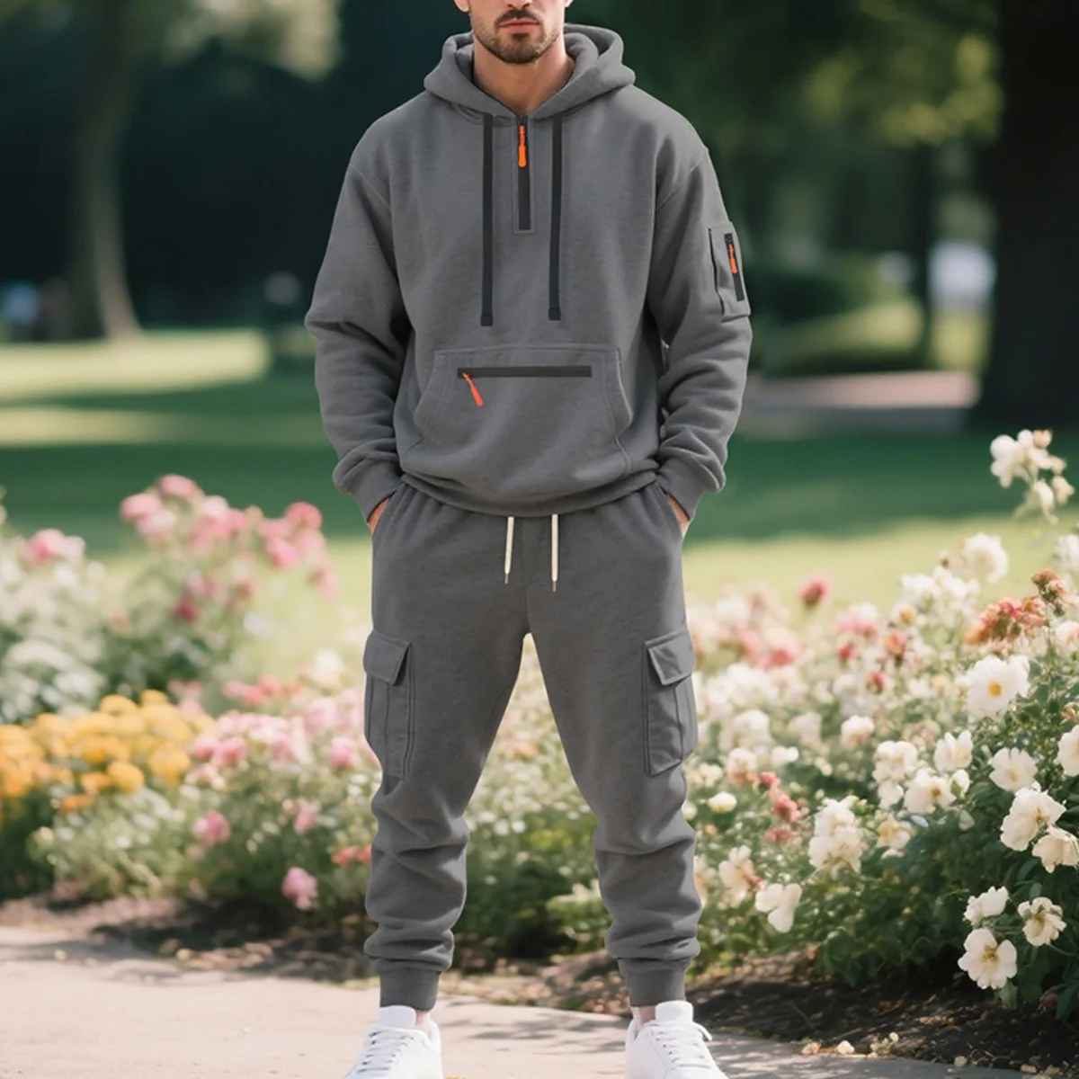Men's Fleece Hooded Half-Zip Sweatshirt And Loose Sport Pants
